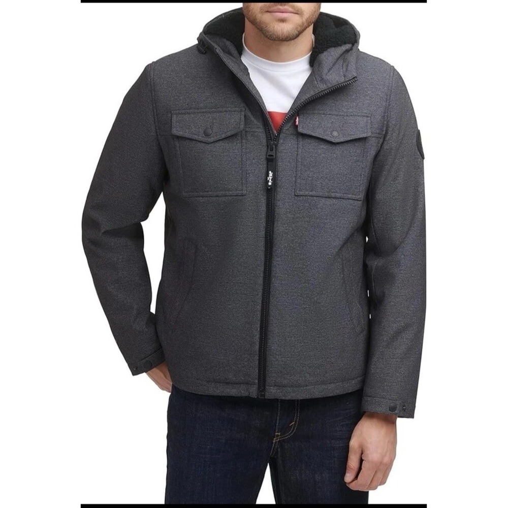 Levi's Men's Soft Shell Hooded Storm Coat Graphite‎ Heather Sherpa XX Large NWOT